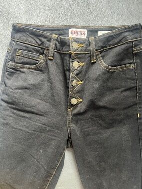 Guess High-Rise Button-Fly Jeans in Black with Gold Stitching